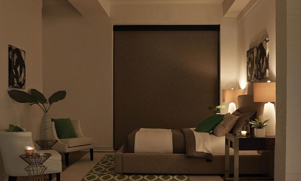 Blackout shades by Lutron in a cool grey bedroom